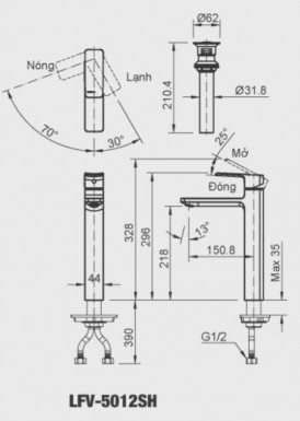 Vòi chậu đặt bàn thân cao nóng lạnh